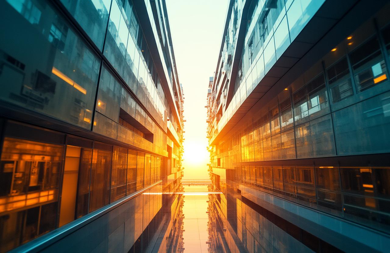 Futuristic architectural layers of a modern glass building representing structural depth